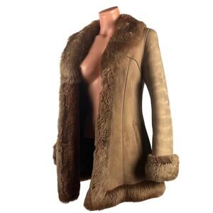 Y2K Shearling Sheepskin Penny lane Fur Trim Leather Coat S
